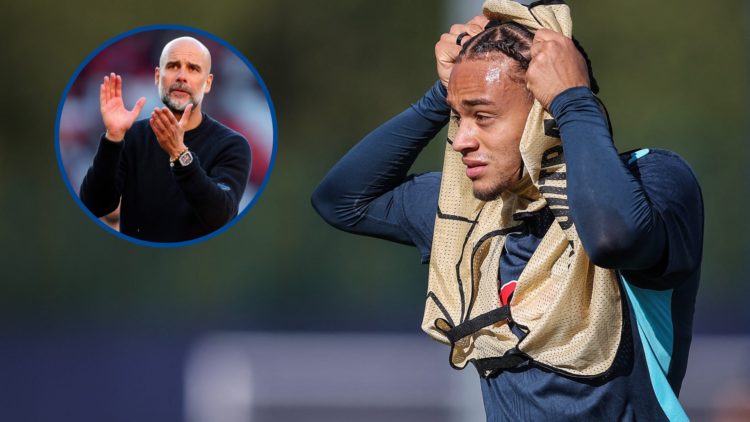 Xavi Simons in training for RB Leipzig ahead of a Champions League match, inset Pep Guardiola, manager of Manchester City, applauds the fans