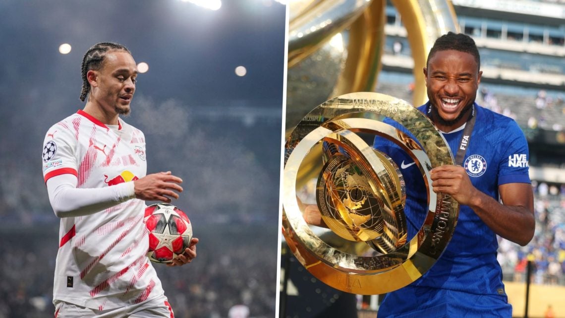 Xavi Simons of RB Leipzig prepares to take a corner kick. Christopher Nkunku poses with the trophy after Chelsea FC v Paris Saint-Germain: Final - ...