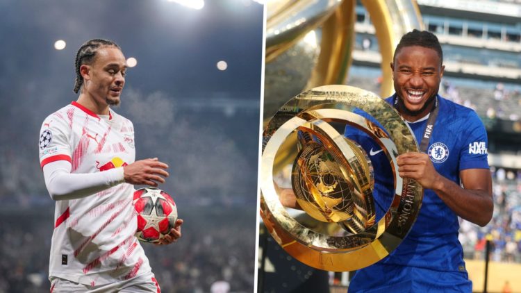 Xavi Simons of RB Leipzig prepares to take a corner kick. Christopher Nkunku poses with the trophy after Chelsea FC v Paris Saint-Germain: Final - ...