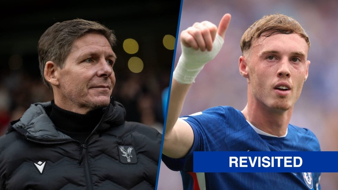 Split image - Crystal Palace manager Oliver Glasner looks on and Cole Palmer reacts during Chelsea FC v Paris Saint-Germain
