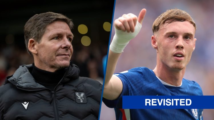 Split image - Crystal Palace manager Oliver Glasner looks on and Cole Palmer reacts during Chelsea FC v Paris Saint-Germain
