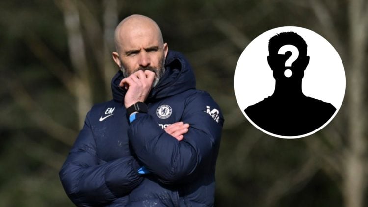 Chelsea head coach Enzo Maresca looks on during a training session. Inset, mystery football player.