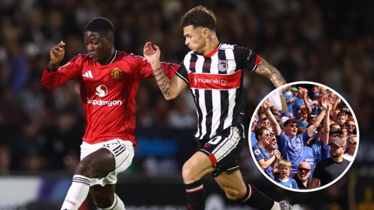 Grimsby Town midfielder George McEachran playing against Manchester United in the Carabao Cup. Inset, Chelsea fans during the pre-season friendly a...