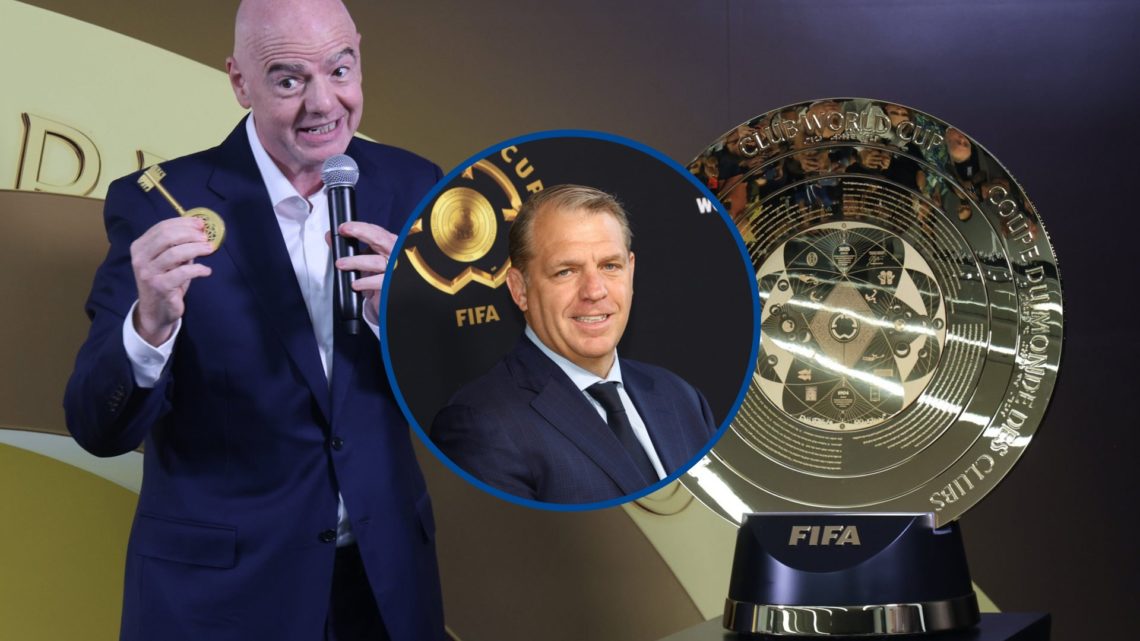 FIFA president Gianni Infantino shows the key to Club World Cup trophy, inset Todd Boehly looks on ahead of Chelsea FC v Paris Saint-Germain