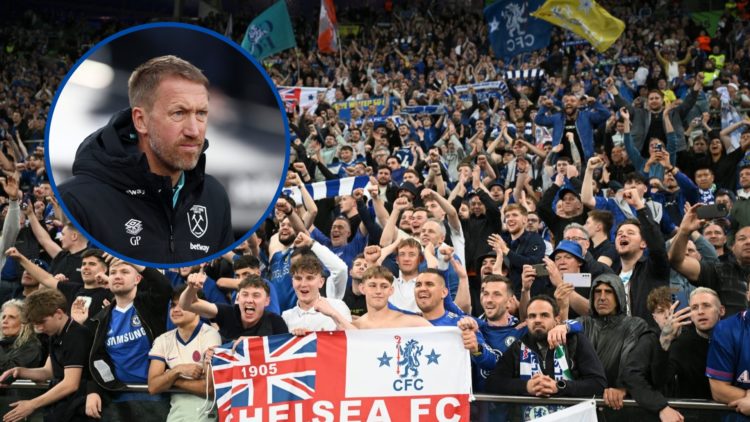 Chelsea fans in the crowd, inset Graham Potter the West Ham manager ahead of Premier League match