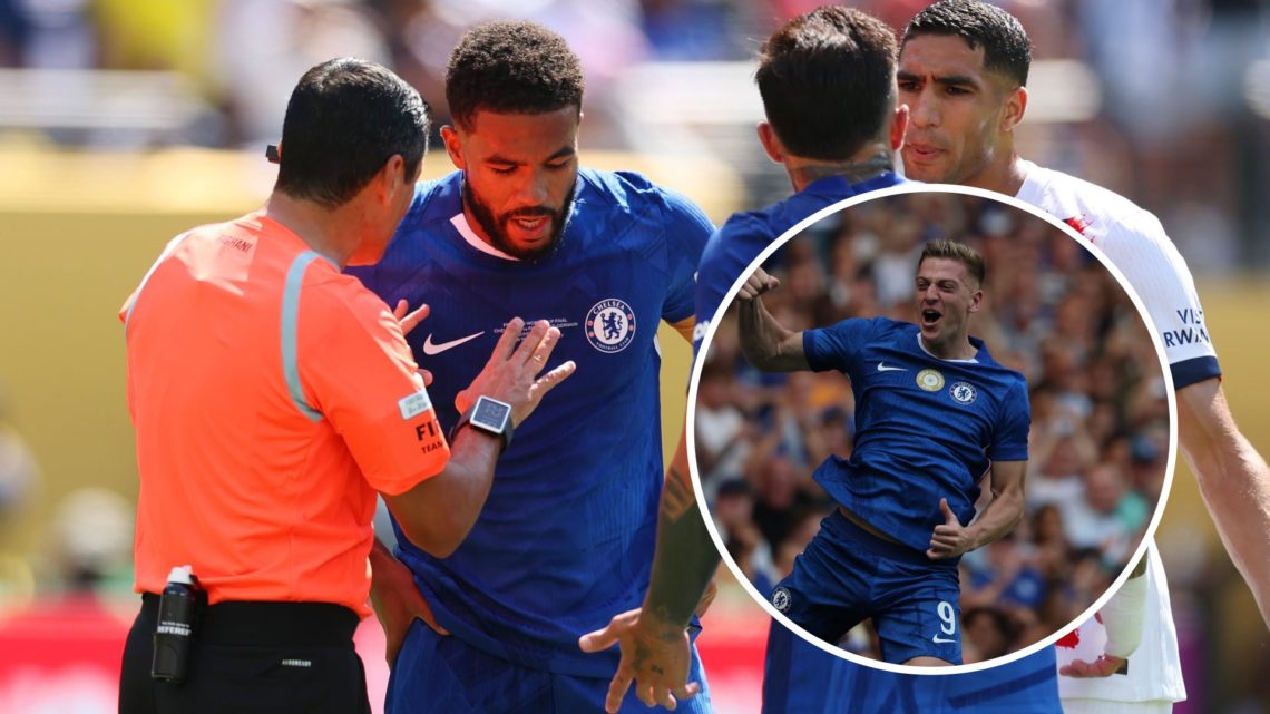 The referee talks to Reece James during Chelsea FC v Paris Saint-Germain: Final - FIFA Club World Cup 2025. Inset: Liam Delap celebrates scoring du...