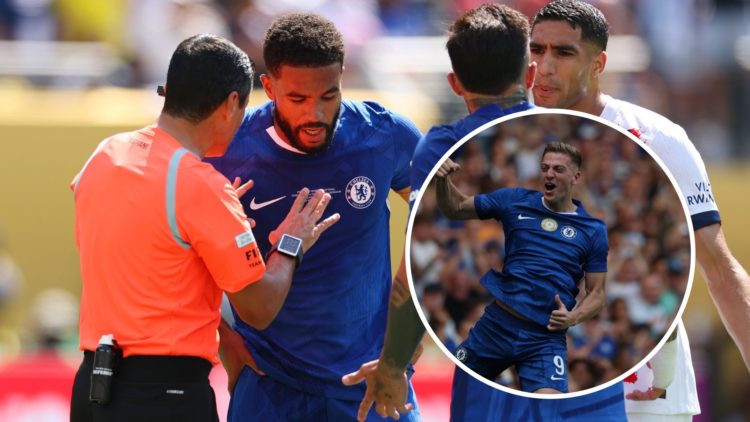 The referee talks to Reece James during Chelsea FC v Paris Saint-Germain: Final - FIFA Club World Cup 2025. Inset: Liam Delap celebrates scoring du...