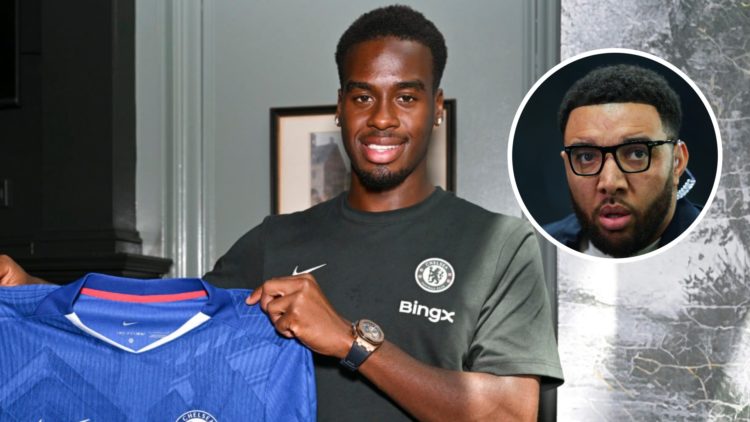 Jamie Gittens poses with a shirt after officially signing for Chelsea. Inset, Troy Deeney working as a pundit during a Premier League game.