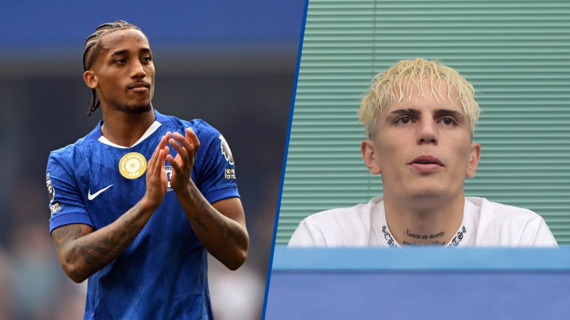 Split image - Joao Pedro applauds the Chelsea supporters and new Chelsea signing Alejandro Garnacho watching on from the stands