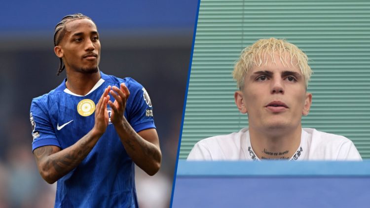 Split image - Joao Pedro applauds the Chelsea supporters and new Chelsea signing Alejandro Garnacho watching on from the stands