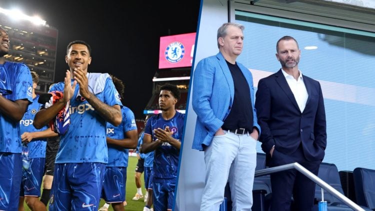 Levi Colwill applauding, inset Chelsea co-owner Todd Boehly and director Paul Winstanley in Stamford Bridge box