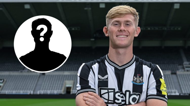 Lewis Hall poses at St James' Park after completing a move to Newcastle United. Inset, mystery football player.z
