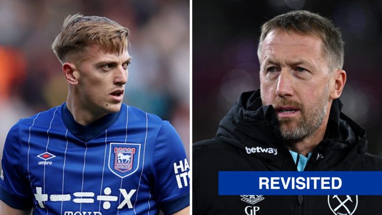Picture one Ipswich Town striker Liam Delap playing against West Ham in the Premier League. Picture two Graham Potter the West Ham manager looks on...