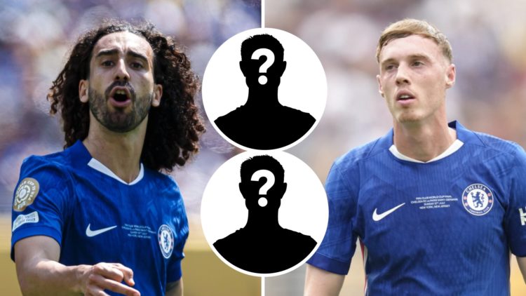 Picture one Marc Cucurella playing for Chelsea in the Club World Cup final. Picture two Cole Palmer playing for Chelsea in the Club World Cup final...