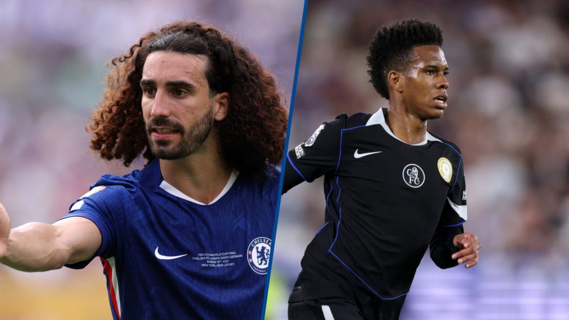 Split image - Marc Cucurella reacts during Club World Cup final and Estevao during match between West Ham United and Chelsea