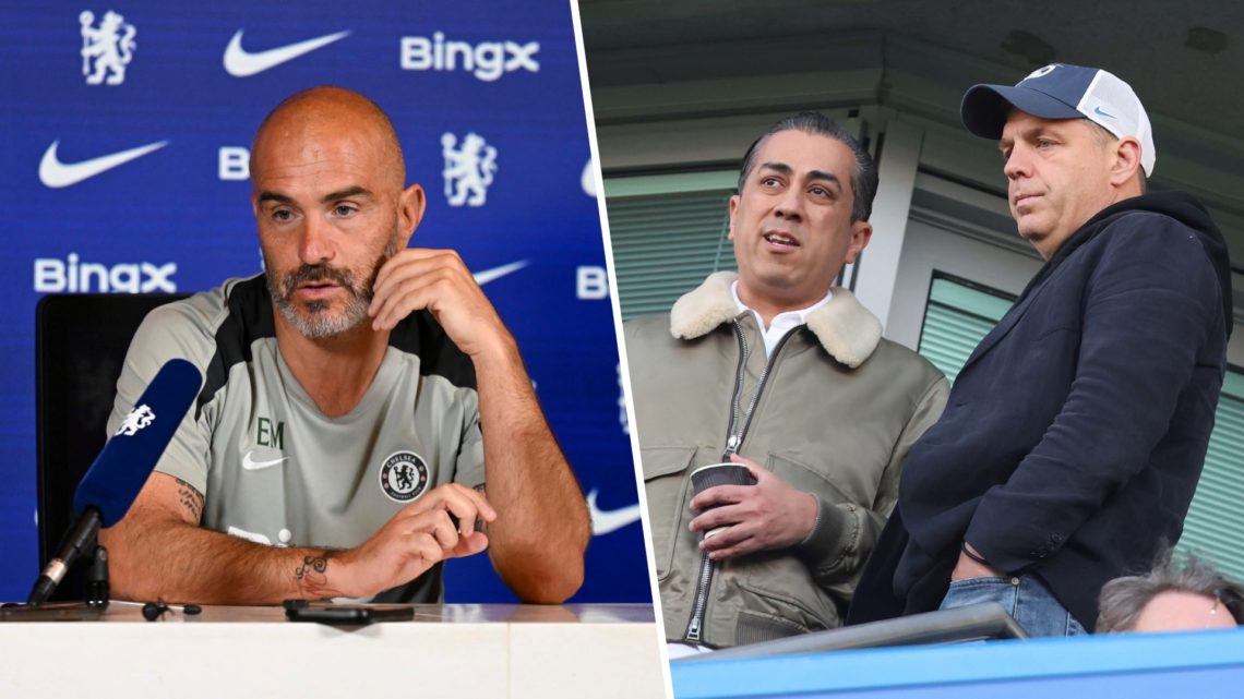 Enzo Maresca speaks to the media during Chelsea Training Session And Press Conference. Todd Boehly and Behdad Eghbali look on during Chelsea FC v M...