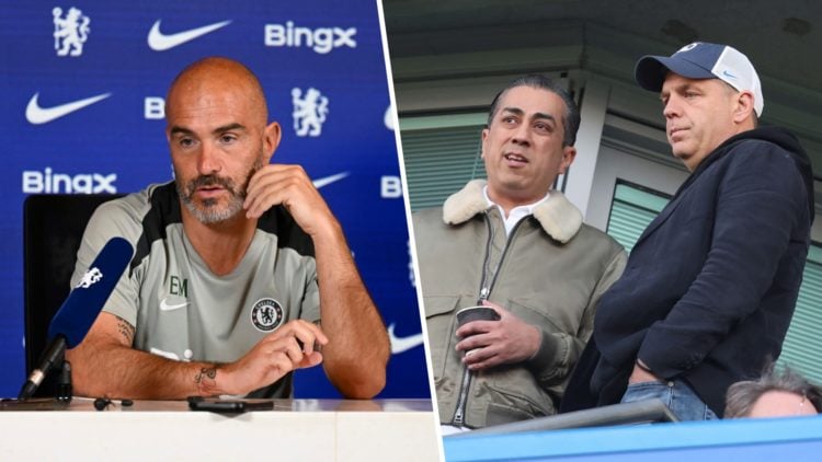 Enzo Maresca speaks to the media during Chelsea Training Session And Press Conference. Todd Boehly and Behdad Eghbali look on during Chelsea FC v M...