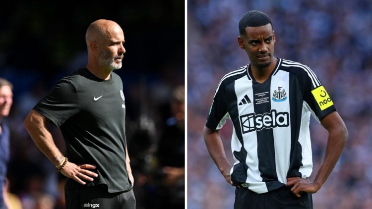 Chelsea head coach Enzo Maresca looks on during the Premier League match against Crystal Palace. Alexander Isak of Newcastle United looks on during...