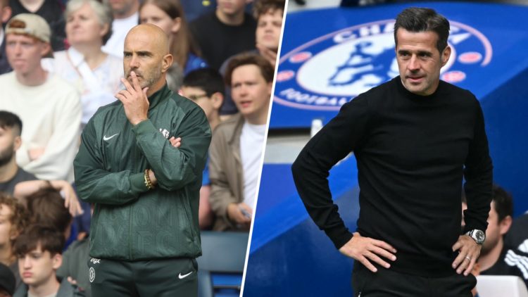 Enzo Maresca looks on during Chelsea v Fulham - Premier League. Marco Silva gestures during Chelsea vs Fulham