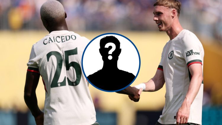 Chelsea's Cole Palmer and Moises Caicedo during Club World Cup game, inset mystery player