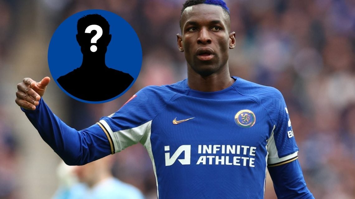 Nicolas Jackson of Chelsea reacts during Emirates FA Cup semi-final, inset mystery player