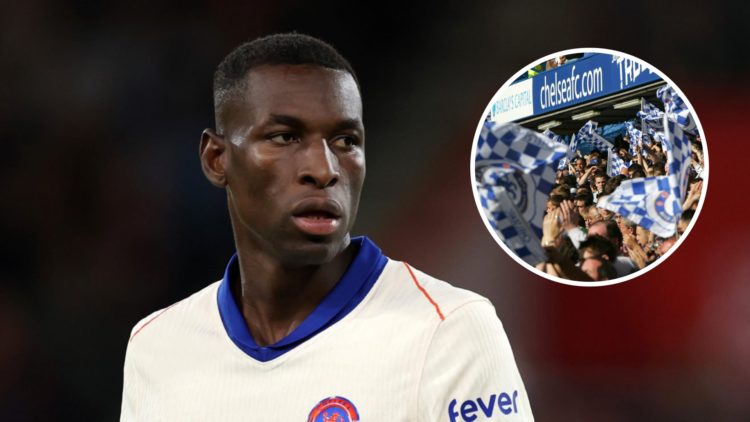 Nicolas Jackson during Premier League match between Chelsea and Bournemouth. Inset, Chelsea fans with flags during a Premier League game against As...