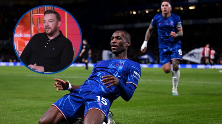 Chelsea striker Nicolas Jackson celebrating, inset Jamie O'Hara attends the 2024 TCA Winter Press Tour