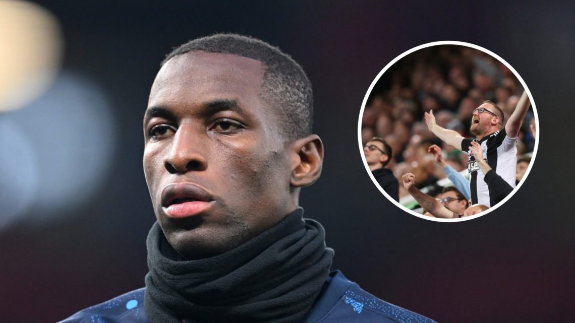 Nicolas Jackson warms up ahead of Chelsea against Manchester United in the Premier League. Inset, Newcastle United fans during the Carabao Cup matc...