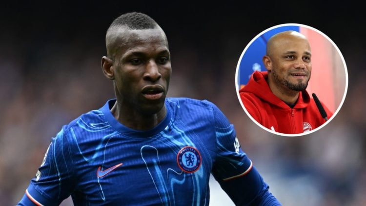 Chelsea striker Nicolas Jackson playing against Ipswich Town in the Premier League. Inset, Bayern Munich manager Vincent Kompany during a press con...
