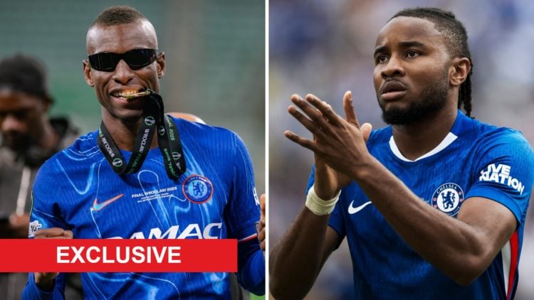 Nicolas Jackson of Chelsea celebrates with gold medal after Conference League final vs Real Betis. Christopher Nkunku of Chelsea applauds during th...