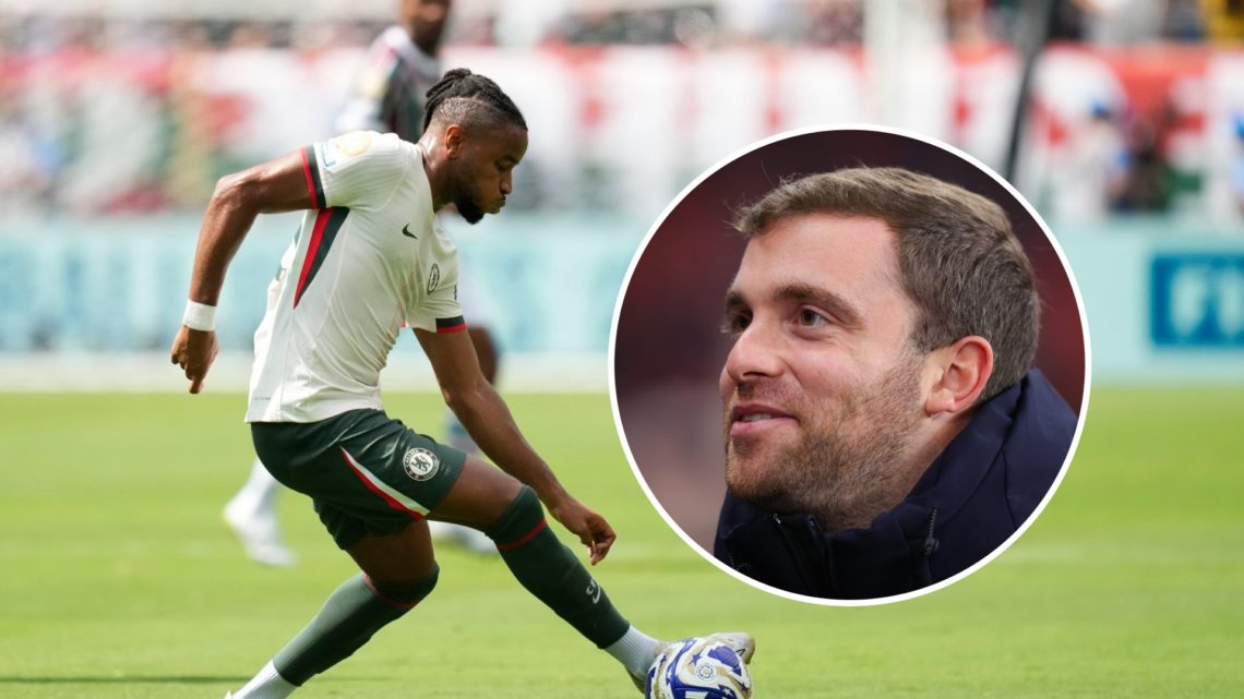 Christopher Nkunku in action during Fluminense FC v Chelsea FC: Semi Final - FIFA Club World Cup 2025. Inset: Fabrizio Romano looks on during Bayer...
