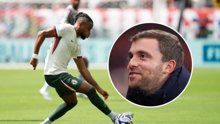 Christopher Nkunku in action during Fluminense FC v Chelsea FC: Semi Final - FIFA Club World Cup 2025. Inset: Fabrizio Romano looks on during Bayer...