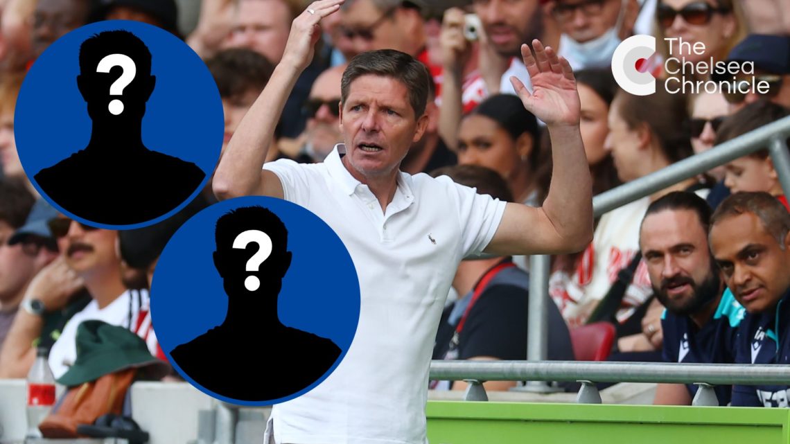 Crystal Palace manager Oliver Glasner throws arms in the air, inset mystery player x2
