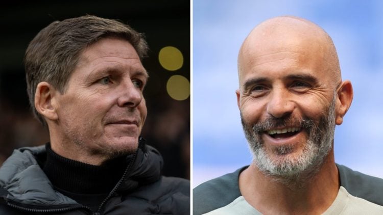 Picture one Crystal Palace manager Oliver Glasner looks on during a Premier League match against Bournemouth. Picture two Chelsea manager Enzo Mare...