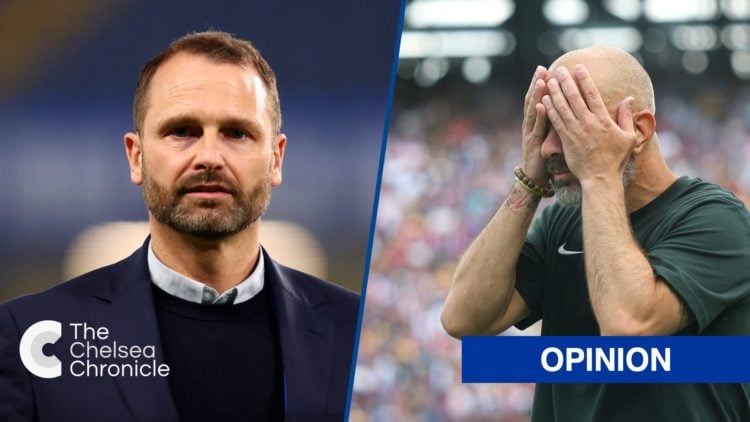 Split image - Chelsea sporting director Paul Winstanley at Stamford Bridge and Enzo Maresca reacts during Chelsea FC v Paris Saint-Germain