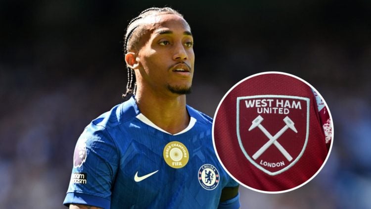 Joao Pedro looks on during Chelsea v Crystal Palace - Premier League. Inset: West Ham crest on the shirt prior to West Ham United v Southampton FC ...