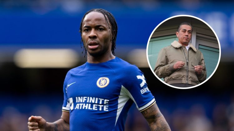 Raheem Sterling playing for Chelsea against Leicester City in the FA Cup. Inset, Chelsea co-owner Behdad Eghbal at Stamford Bridge watching a Premi...