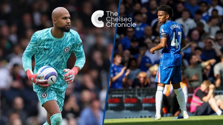 Split image - Robert Sanchez of Chelsea holding the ball and Estevao Willian during his Premier League debut for Chelsea against Crystal Palace