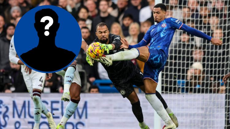 Robert Sanchez and Levi Colwill of Chelsea clear from Ollie Watkins of Aston Villa, inset mystery player