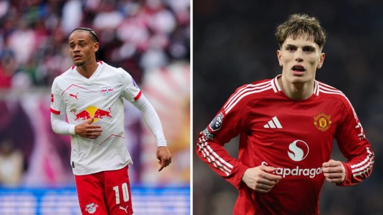 Xavi Simons playing for RB Leipzig against VfB Stuttgart in the German Bundesliga.. Alejandro Garnacho playing for Manchester United against Totten...