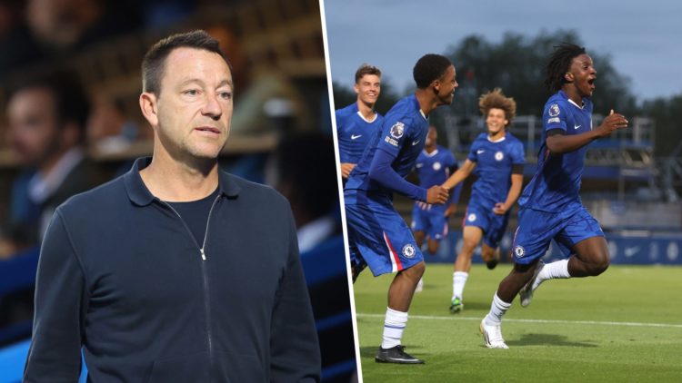 John Terry watches on during Chelsea U21 v Manchester City U21 - Premier League 2. Shumaira Mheuka celebrates during Chelsea U21 v Manchester City ...