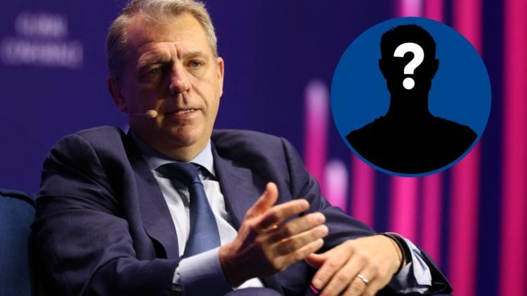 Chelsea chairman Todd Boehly speaking at event, inset mystery player