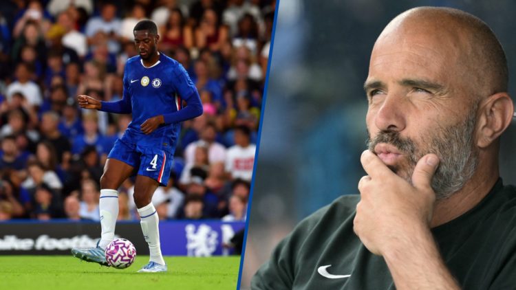 Tosin Adarabioyo on the ball during Chelsea v Bayer Leverkusen, inset Enzo Maresca looks on ahead of 2025 Club World Cup final between Chelsea and PSG