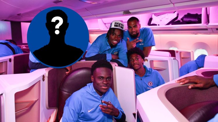 Tyrique George, Carney Chukwuemeka, Robert Sanchez and Josh Acheampong of Chelsea on plane, inset mystery player