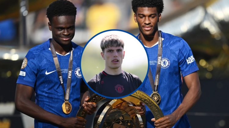 Chelsea youngsters Tyrique George and Josh Acheampong holding Club World Cup trophy, inset Alejandro Garnacho in a Manchester United training session
