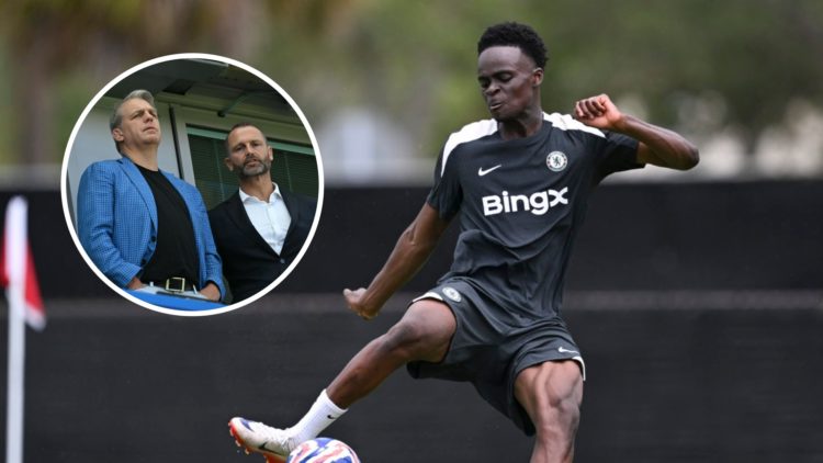 Tyrique George during a Chelsea training session at the Club World Cup. Inset, Todd Boehly and Paul Winstanley at Stamford Bridge watching Chelsea ...