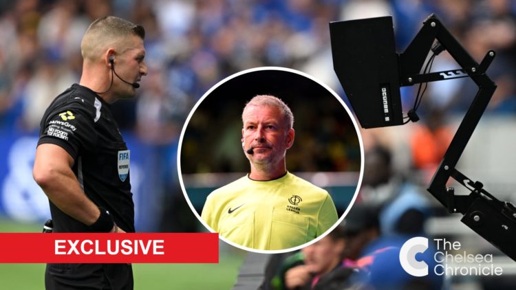 Rob Jones checks VAR for a possible penalty during Chelsea v Fulham - Premier League. Inset: Mark Clattenburg referees during Baller League x Match...