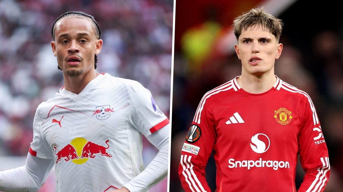 Picture one Xavi Simons playing for RB Leipzig against Stuttgart in the Bundesliga. Picture two Alejandro Garnacho playing for Manchester United ag...