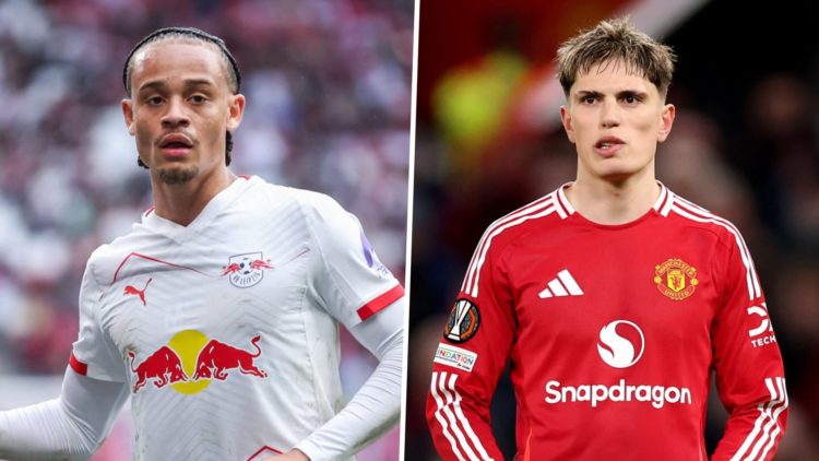 Picture one Xavi Simons playing for RB Leipzig against Stuttgart in the Bundesliga. Picture two Alejandro Garnacho playing for Manchester United ag...