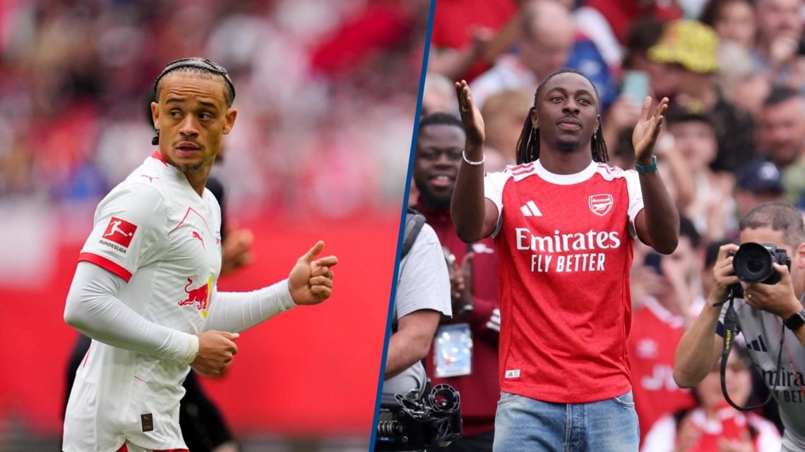 Split image - Xavi Simons playing for RB Leipzig and new signing Eberechi Eze of Arsenal is presented to the fans